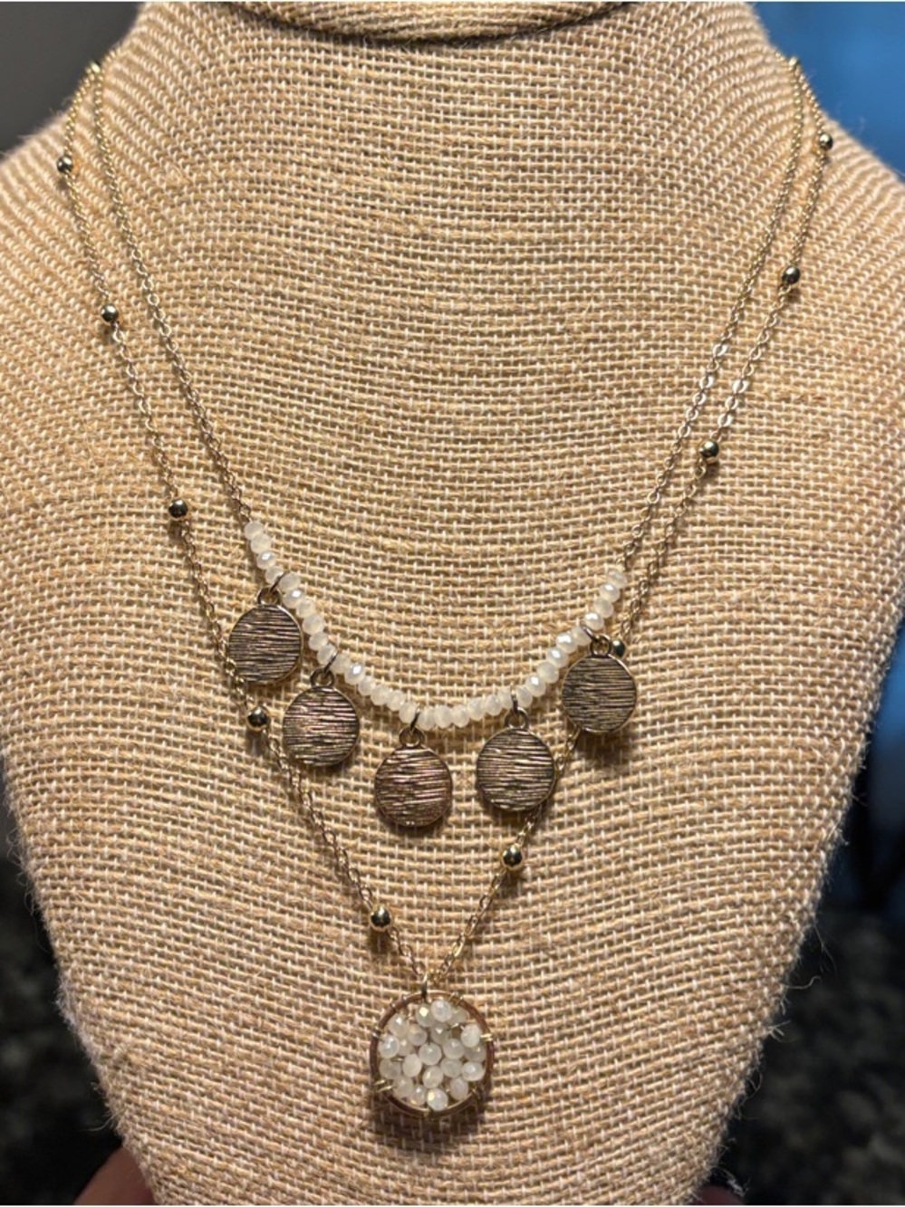Park Lane Gold Layered Disc and White Opaque Crystal Pendant Necklace